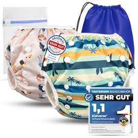 KIDVERSE Set of 2 Swim Nappies, Baby Swimming Trunks, 0-3 Years, Skin-Friendly Swim Nappies, Reusable & Absorbent, Size Adjustable Swimming Nappy, Baby Swimming Trunks Including Carry Bag & Laundry Net