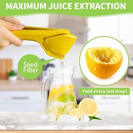 Lemon Squeezer Manual, Max Juice Extraction Lemon Juicer Squeezer, Easy-to-Use Flat Lemon Lime Orange Squeezer with Leverage to Reduce Effort, Citrus Squeezer with Built-in Strainer (Yellow)