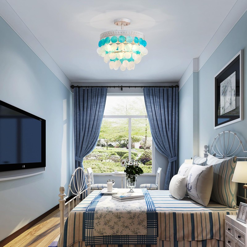 ElegLumi White Blue Capiz Shell Ceiling Light, Capiz Shell Chandeliers