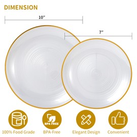 N9R 60PCS White Plastic Plates with Gold Trim – 30 Dinner & 30 Dessert Plates, Circular Ribbed Design, Elegant Disposable Plates for Weddings, Events, Banquets, Special Occasions (Pearl White)