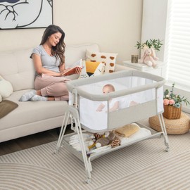 HONEY JOY Baby Bassinet, Folding Portable Bassinet with Comfy Mattress & Storage Basket, 7-Level Adjustable Height Co Sleeping, Bedside Bassinet for Baby with Removable Crib for Newborn Infant