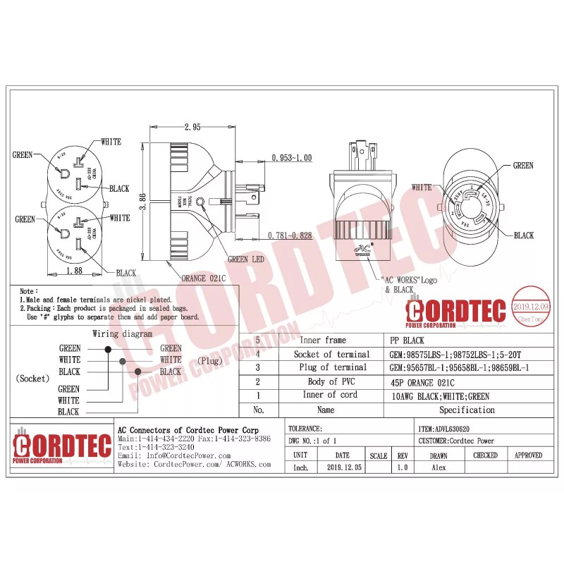 AC WORKS® 30A 250V NEMA L6-30 Male Plug to Two