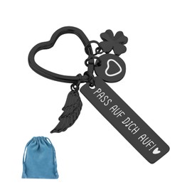 ORUZA Keyring "Pass Auf Dich Auf Dich" Keyring Lucky Charm Metal Keyring with Engraving for Women Girlfriend Boyfriend Mum Dad Daughter Sisters Friends, black
