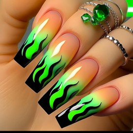 24 Pcs Press on Nails Long Square Nail Tips WLGDLH Fall Fake Nails Press ons Coffin Acrylic Nail Kit Full Cover Reusable False Nails Black flames Glue on Nails Green Ombre Nail Art for Ma'am