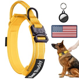 AUBELL Reflective Tactical Dog Collar,Adjustable Military Heavy Duty K9 Collars with Handle and Quick Release Metal Buckle Great for Extra Large Dogs, with Airtag Case and 2 Patches (Yellow,XL)