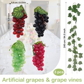 Quancru 4 Bunches Artificial Grape with 3 Pcs Fake Grapes Vines Lifelike Hanging Simulation Grapes Fruit Decor for Home Wedding Garden Garland Outside