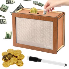 Omagie DIY Money Saving Box Savings Box Piggy Bank For Adults Meetory Wooden Money Saving Box, 10,000 Savings Challenge Box (brown)