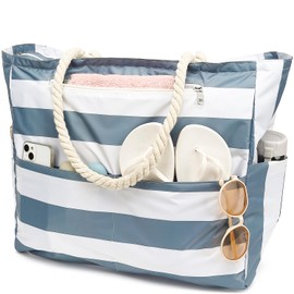 Fammart Large Beach Bag for Women, Waterproof Gym Travel Tote Bag with Lunch/Wet Pocket, Sandproof, Top Zipper Closure, Dark Grey, Large