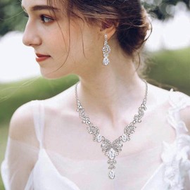 EVER FAITH - Juego de Collar y Pendientes de lágrima con Ondas Florales para Novia con Cristales de estrás