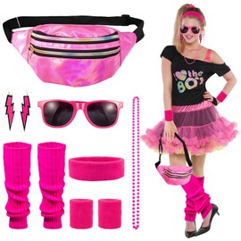 Kitimi 80S Sets 1 Year Outfit Women, 10 Pieces 80s for Women, Headband, Leg Warmers, Bracelets, Glasses and Earrings for Neon 80s Party Outfit Women, for 80s Outfit