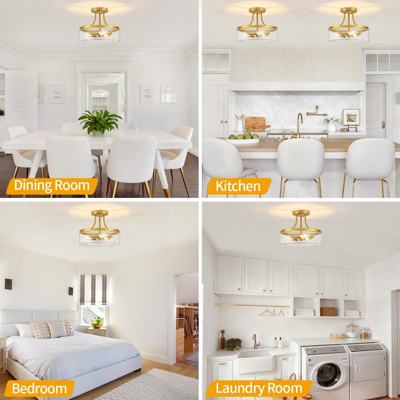 11.81" Brushed Gold Semi Flush Mount Ceiling Light Modern Glass