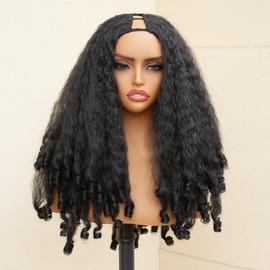 EINAEY V Part Wig Afro Curly Synthetic Kinky Curly V Part Wig 1B 24"
