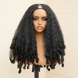 EINAEY V Part Wig Afro Curly Synthetic Kinky Curly V Part Wig 1B 24"