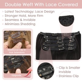 Silk-co Clip in Hair Extensions Real Human Hair Remy Double Weft With Lace Coverd Clip in Silky Straight Natural Thick Hair Seamless 7pcs 16Clips 120g 20Inch #1B Natural Black