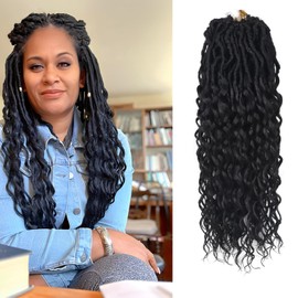Deep Faux Locs Crochet Hair 18 Inch 8 Packs Goddess Locs Crochet Hair 1B Soft Loc Faux Loc Crochet Braids with Curly Ends Prelooped Deep Wave Croceht Braids for Black Women(Natural Black)