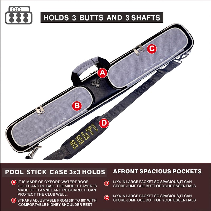 Kolti 3x3 Pool Cue Case, Heavy Duty Oxford Wear-Resistant Soft