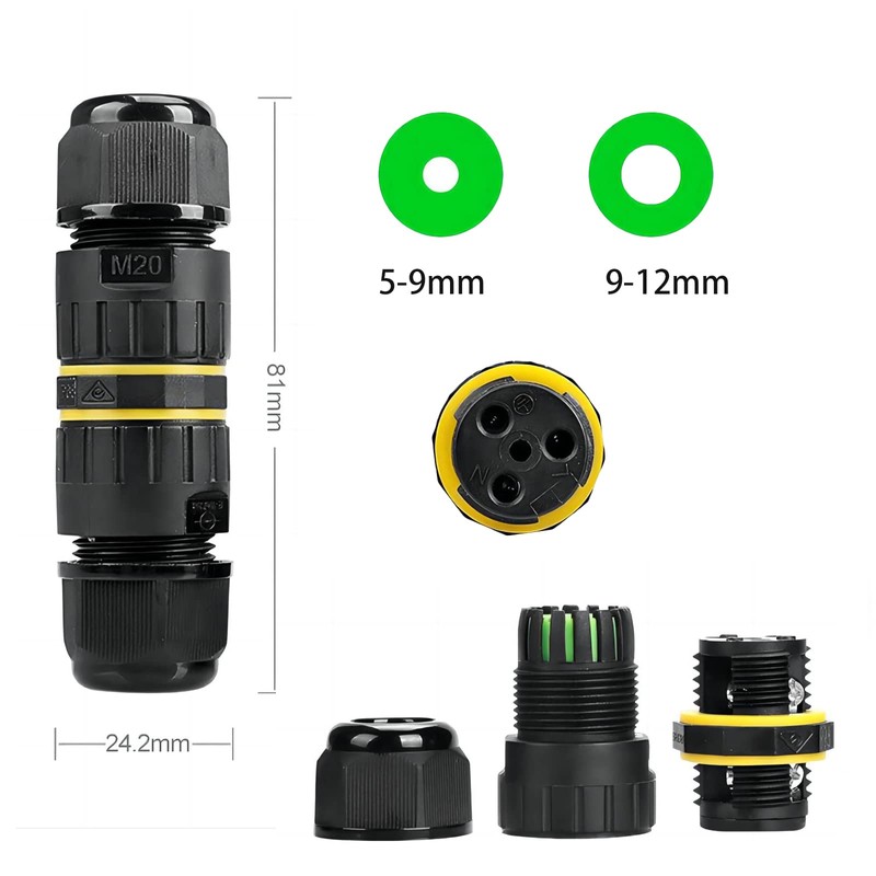 KLJ Waterproof Cable Connector, IP68 Connection Terminals, 3-Pin M20 Plug,
