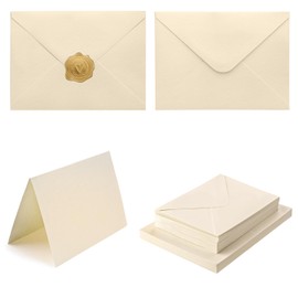 50 Pack Small Envelopes Colored Tiny Seed Envelope A7 Invitation Envelopes 5x7 with Gold Stickers for Cards and Invitations, 5 Colors (Cream)