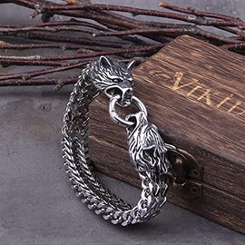 HFUHLK Wolf Fenrir Bracelet, Vintage Nordic Scandinavian Celtic Pagan Amulet Jewellery, Stainless Steel Biker Curb Chain Wolf Head Link, Stainless Steel