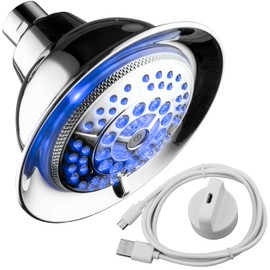 Hotel Spa 6-setting 5" Rechargable LED Shower Head with Light Switch - Turn LED Light ON/OFF when desired. LED Color Changes with Running Water Temperature. Solid Brass Connection/All Chrome Finish