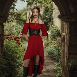 kasahara Pirate Costume Women's Set Medieval Pirate Off Shoulder Dress Pirate Outfit with Corset, Stocking, Headscarf, Carnival Full Fancy Dress Costume (Red, L)