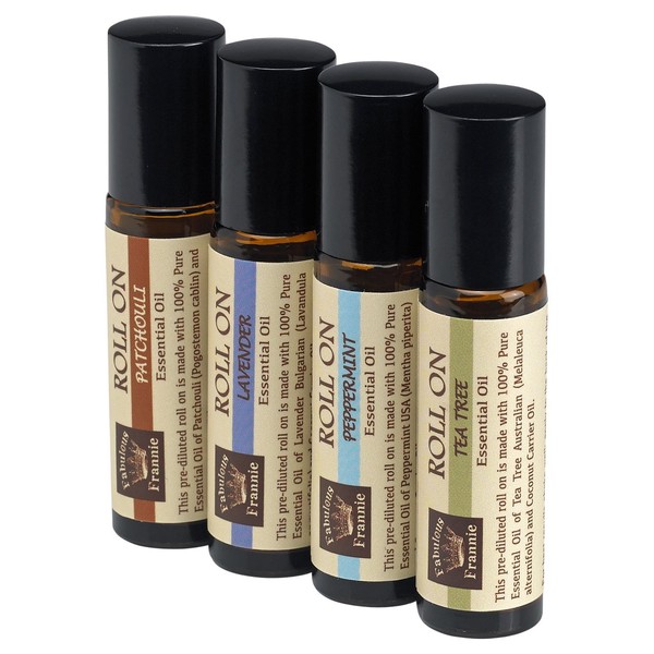 Pre-Diluted Essential Oil Roll-On Value Set Made with Pure Essential Oils and Coconut Oil (Lavender, Patchouli, Peppermint and Tea Tree) by Fabulous Frannie