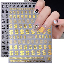 8PCS Money Dollar Nail Art Stickers Metallic Nail Decals 3D Luxury Gold Silver Black White Dollar Sign Chain Design Self-Adhesive Currency Unit Symbol Slider Decal DIY Holographic Nail Art Decoration