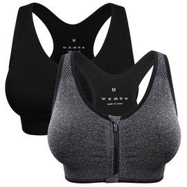 Women's Zip Front Sports Bra - Wireless, Padded, Post-Surgery, Racerback, Workout & Yoga Bra Top 2 Pack