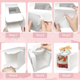 Savveffort 12 Set 6x6x6 Inches Cake Boxes with Boards-（12 Boxes with Handles & 12 Borads & 70ft Silk Ribbon and 12Pcs Stickers）