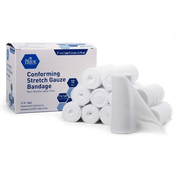 MED PRIDE Conforming Gauze Rolls First Aid Rolled Stretch Bandages for Wounds & Injuries – Disposable Nonsterile Body Wrap Dressing for The Knee, Ankle, Hands, Wrist, White (3''x 4.1 yd)