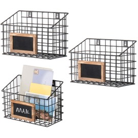 MyGift 10 Inch Wall Mounted Matte Black Metal Wire Storage Baskets with Chalkboard Labels, Small Hanging Organizer Bins for Home Entryway Kitchen Pantry Closet, Set of 3
