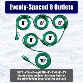 Eversimpleinc 50FT Outdoor Extension Cord with 6 Outlets Evenly Spaced··, with Waterproof Cover, Ideal for Outdoor Decoration Lawn Patio Lights, 16AWG/3C SJTW, ETL Listed