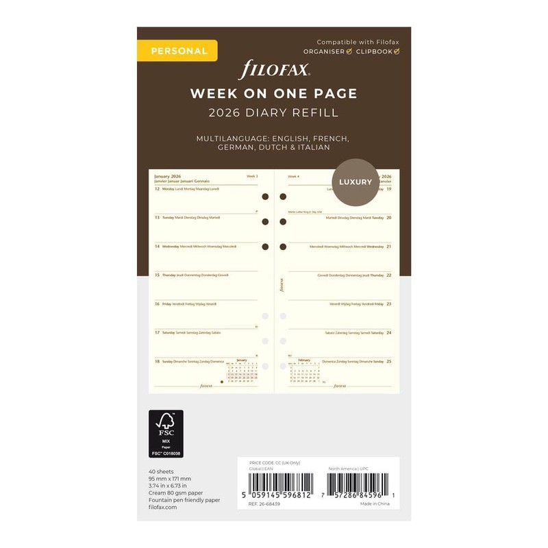 Filofax Calendar Diary Refill, Personal/Compact Size, Week on One Page,
