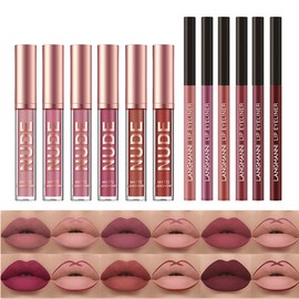 12pcs Lipstick Makeup Set, 6pcs Velvety Matte Liquid Lipsticks + 6pcs Lip Liner Pencil, Waterproof, Durable Lip Gloss Kit Lip Makeup Gift Set (12PCS)