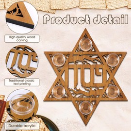 Maxdot Passover Seder Plate Wooden Hexagram Shape Plate with 6 Dishes Elegant Classic Pesach Seder Tray Set for Symbolic Seder Foods Marked in Hebrew Haggadah Traditional Jewish Holiday Party Decor