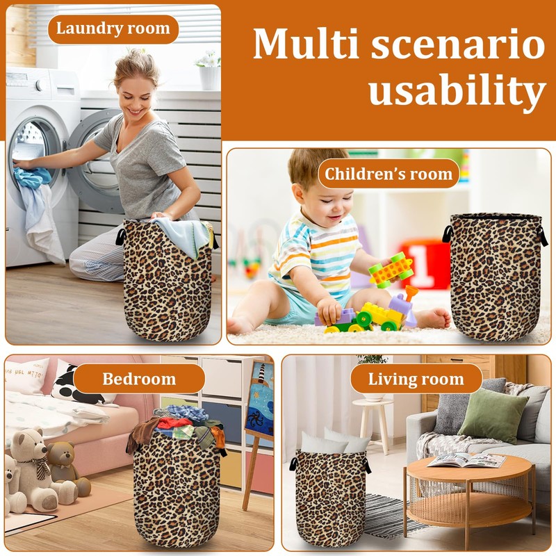 Brown Leopard Laundry Basket with Sturdy Handles, Natural Animal Skin