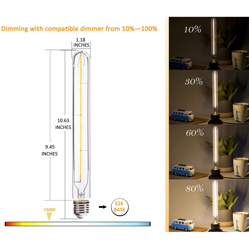 FLSNT T10/ T30 Dimmable LED Edison Bulbs, 9.4" Decorative LED