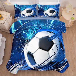 Dearller Soccer Comforter Set for Boys, 5Pcs Blue Cool Soccer Bedding Set Twin, Sports Themed All Season Quilt for Kids Teen Bedroom