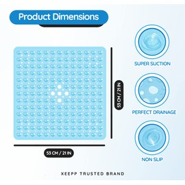 xeepp Square Shower Mat with Suction Cups, 53 x 53cm, Clear Non Slip, Anti Mould Bath Mat with Drain Holes for Shower and Tub, Machine Washable Antibacterial Resistant PVC Shower Mat, (Clear Blue)