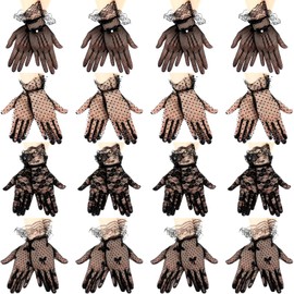 Cuffbow 16 Pairs Ladies Lace Gloves Women Tea Party Gloves Elegant Short Gloves Vintage Wedding Lace Wrist Gloves (Black)