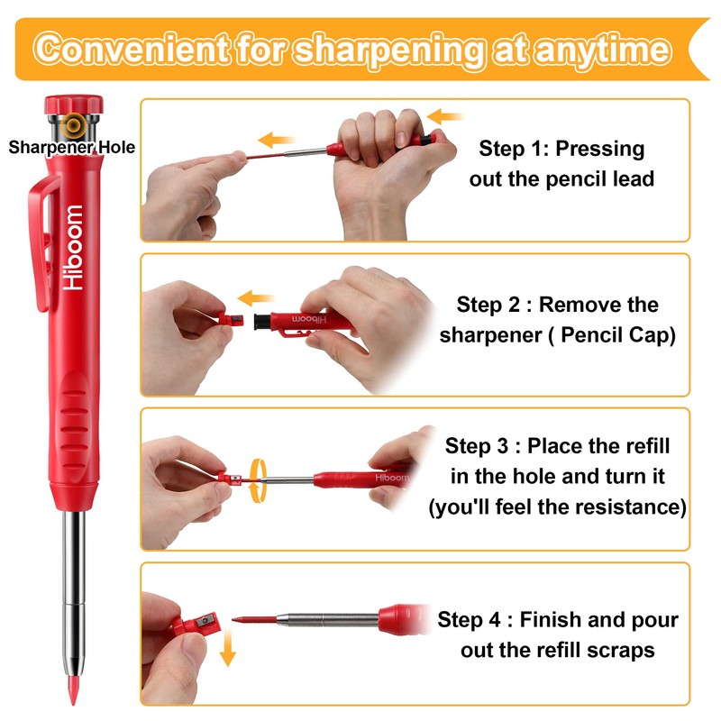 Hiboom 4 Pack Carpenter Pencil with 24 Refills (Red, Black,