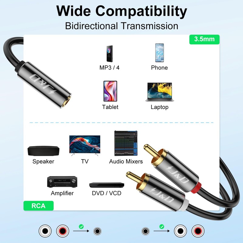 J&D Stereo RCA Cable RCA Jack Adapter Gold-Plated 3.5 mm