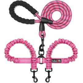 tobedri Comfortable Dual Dog Leash Tangle Free with Shock Absorbing Bungee Reflective 2 Dog Leashes for Large Medium Small Dogs (Pink 0-25 lbs)