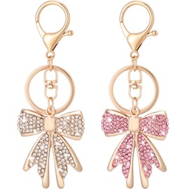 Wavwavw 2 Pcs Gold Pink Bow Keychain for Women Rhinestone Bow Key Chain Sparkly Coquette Bow Bag Charm Cute Bow Purse Charm Accessories for Key Charms Purse Handbag Backpack, Valentine Gifts for Women