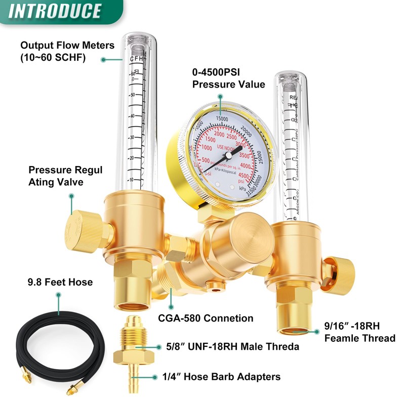 BOGERDACK Dual Output Argon Regulator, Flow Meter 0-60CFH, With 9.8