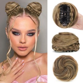 SOFEIYAN 2PCS Mini Claw Clip in Hair Bun Braid Messy Cat Ears Hair Bun Extension Synthetic Donut Wig Accessory Updo Space Bun Braid Hair Pieces for Women Girls, Brown & Blonde