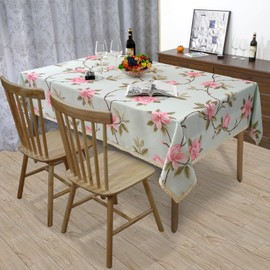 YEESSION Floral Print Rectangle Tablecloth 52 x 70 Inch Stain Resistant and Waterproof Wine Table Cover for Kitchen Dining Indoor Outdoor Buffet Tabletop Decoration (Light Green & Pink)