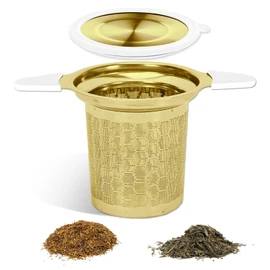 Tea Infuser for Loose Leaf Tea, Extra Fine 304 Stainless Steel Tea Strainer Stepper with Heat-Resistant Silicone Handles and Lid, Large Capacity Tea Basket Filter for Mug, Cup (Gold)