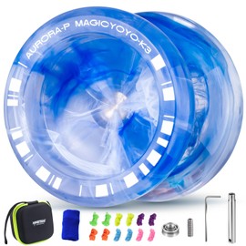 MAGICYOYO JoJo K3 Aurora-p, Professional Trick JoJo for Finger Spin, Responsive and Non-Reactive Yoyo for Beginners and Advanced, with 12 Yoyo Strings and Yo Yo Accessory Set (Blue White)