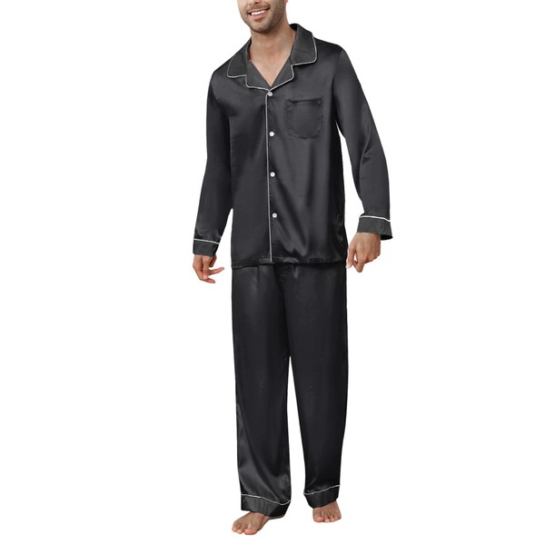 U2SKIIN Mens Silk Pajamas Set, Long Sleeve Satin Pajamas for Men Sleepwear Button Down Pjs Set Two-piece(BLACK,L)